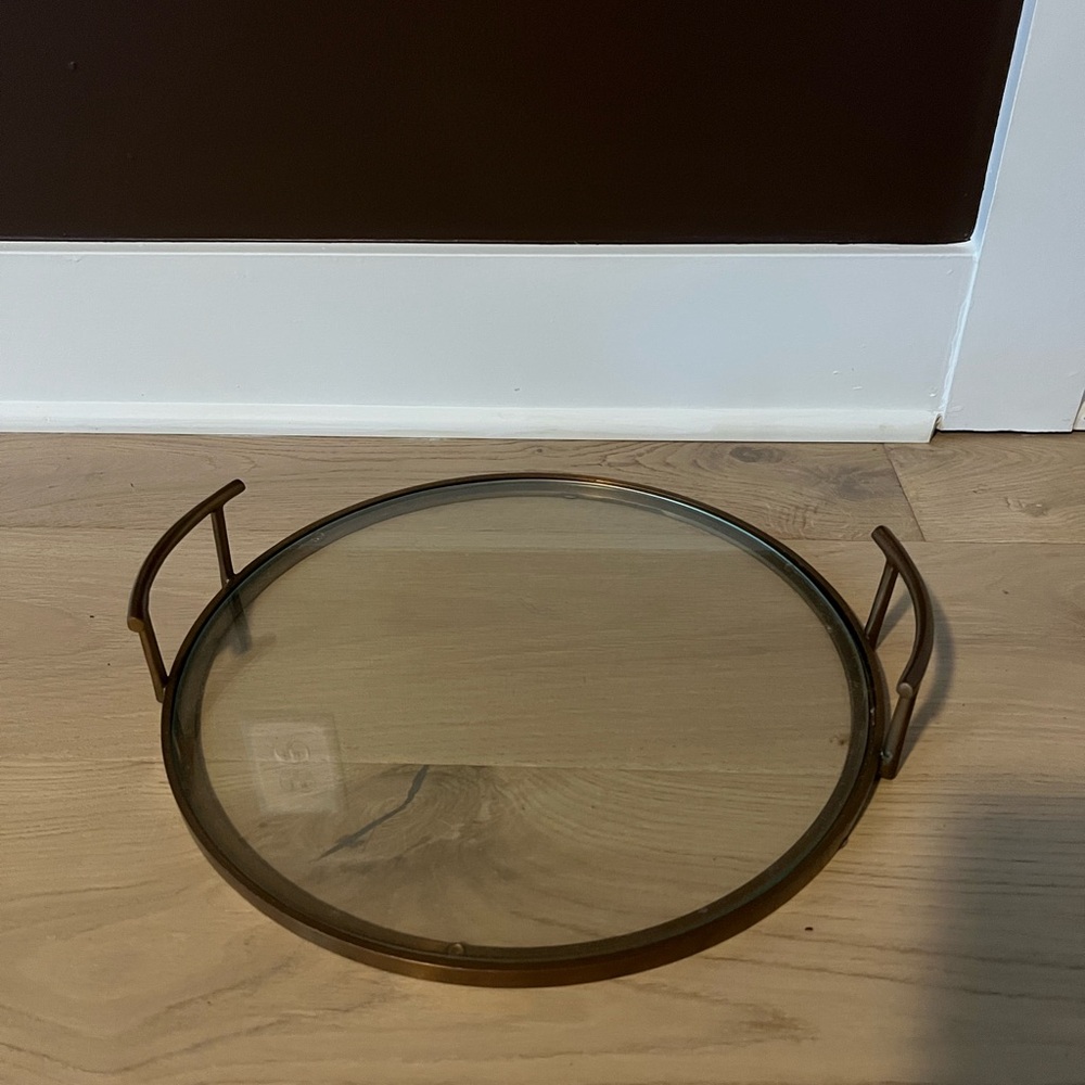 Round Glass Serving Tray with Bronze Handles